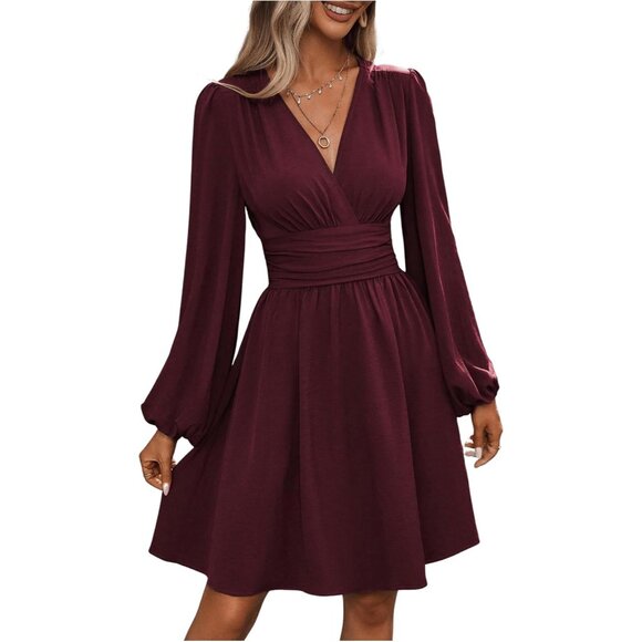 Women's V Neck Long Sleeve High Waist Swing Dress for Formal Events